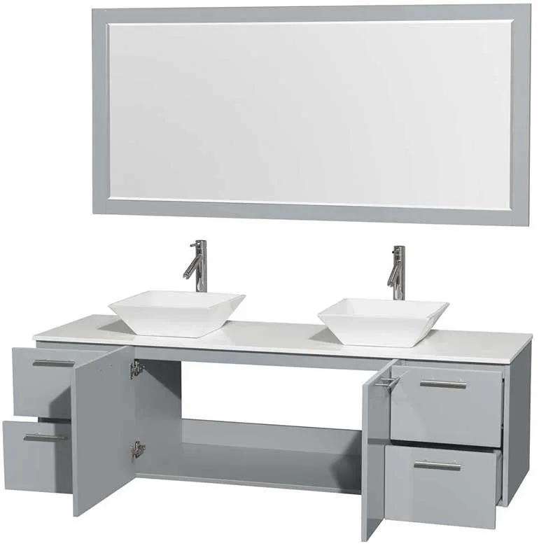 Amare 72" Double Bathroom Vanity in Dove Gray, White Man-Made Stone Countertop, Pyra White Porcelain Sinks and 70" Mirror