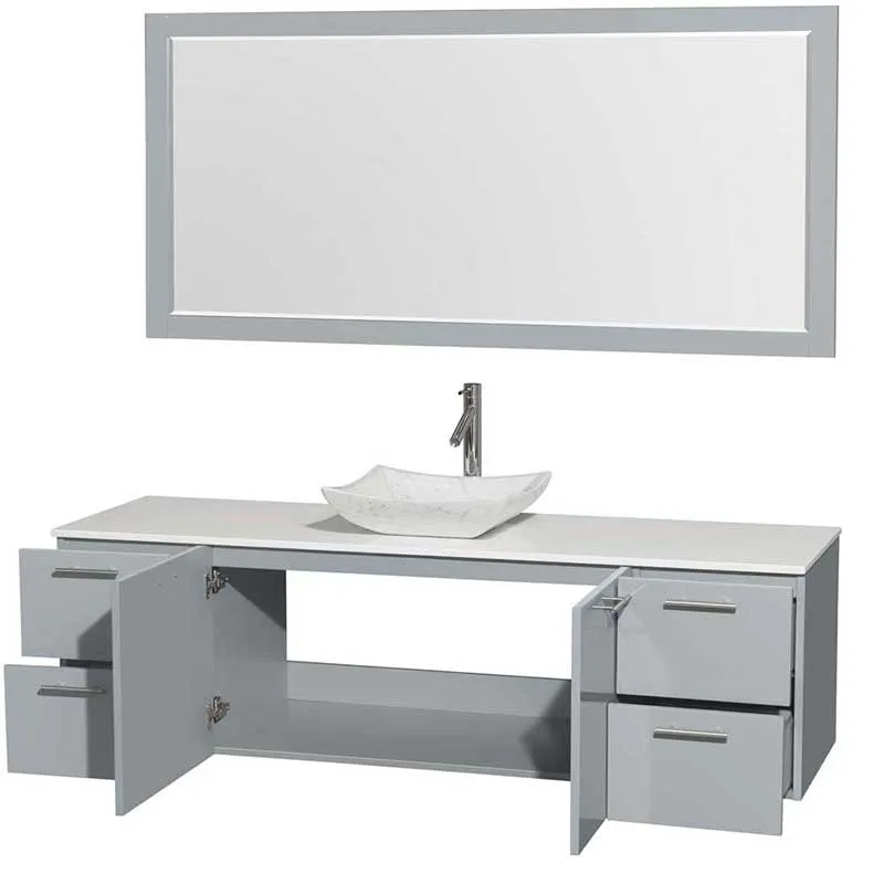 Amare 72" Single Bathroom Vanity in Dove Gray, White Man-Made Stone Countertop, Avalon White Carrera Marble Sink and 70" Mirror