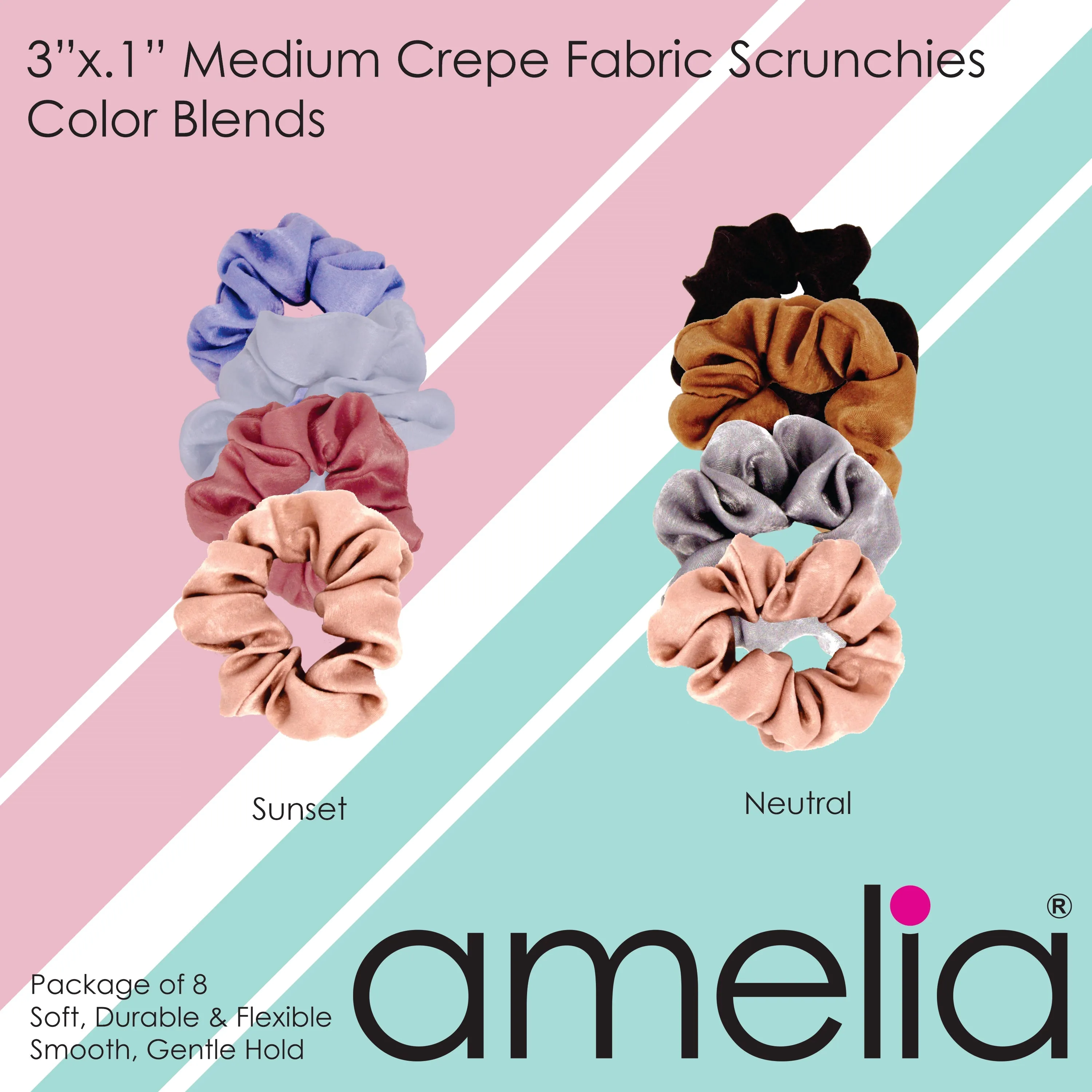 Amelia Beauty | 3in Brown Crepe Scrunchies | Soft, Gentle and Strong Hold | No Snag, No Dents or Creases | 8 Pack
