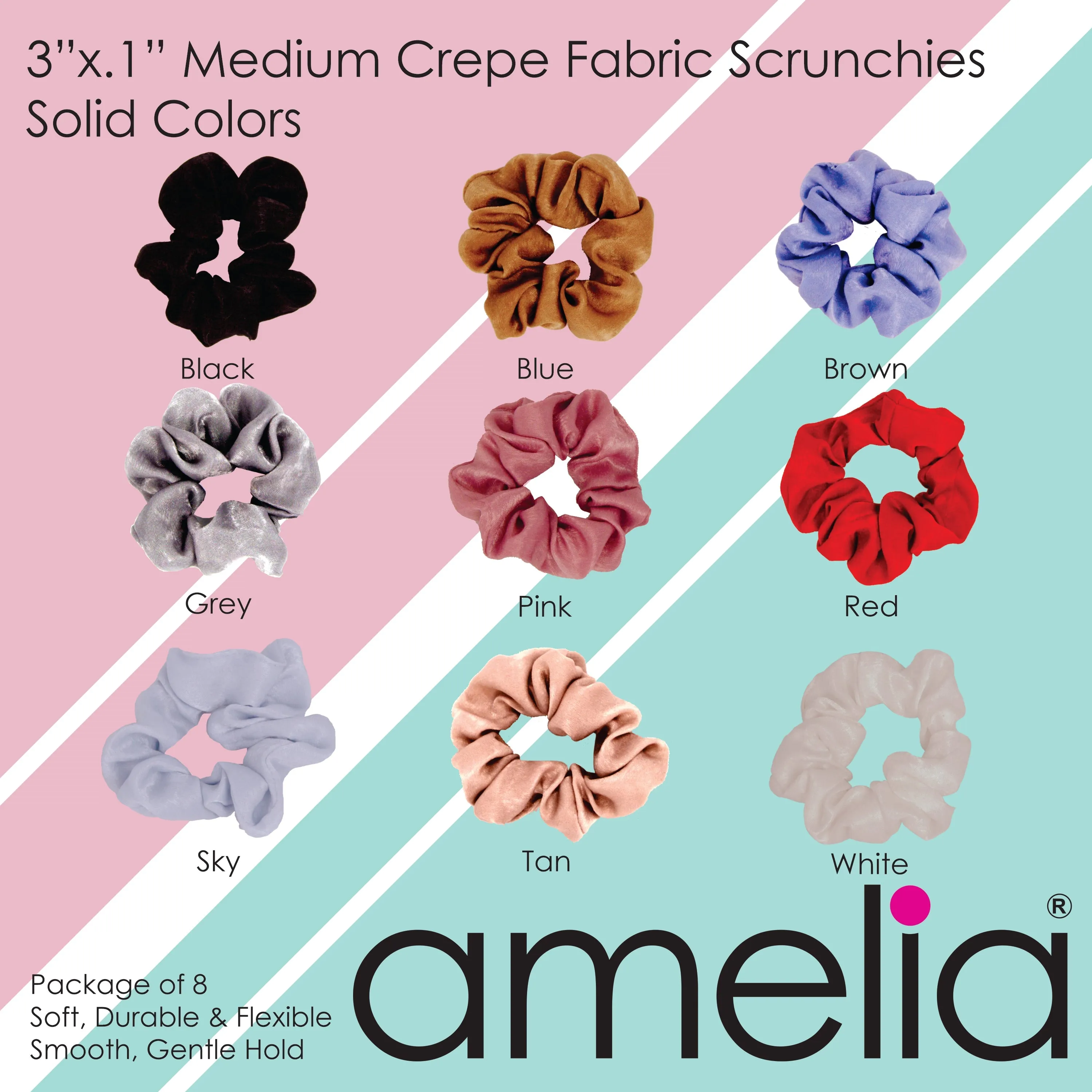 Amelia Beauty | 3in Brown Crepe Scrunchies | Soft, Gentle and Strong Hold | No Snag, No Dents or Creases | 8 Pack