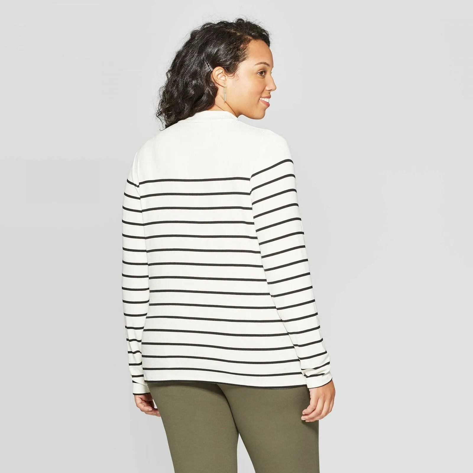 Ava & Viv Plus Size Long Sleeve Striped Ribbed Mock Turtleneck Top