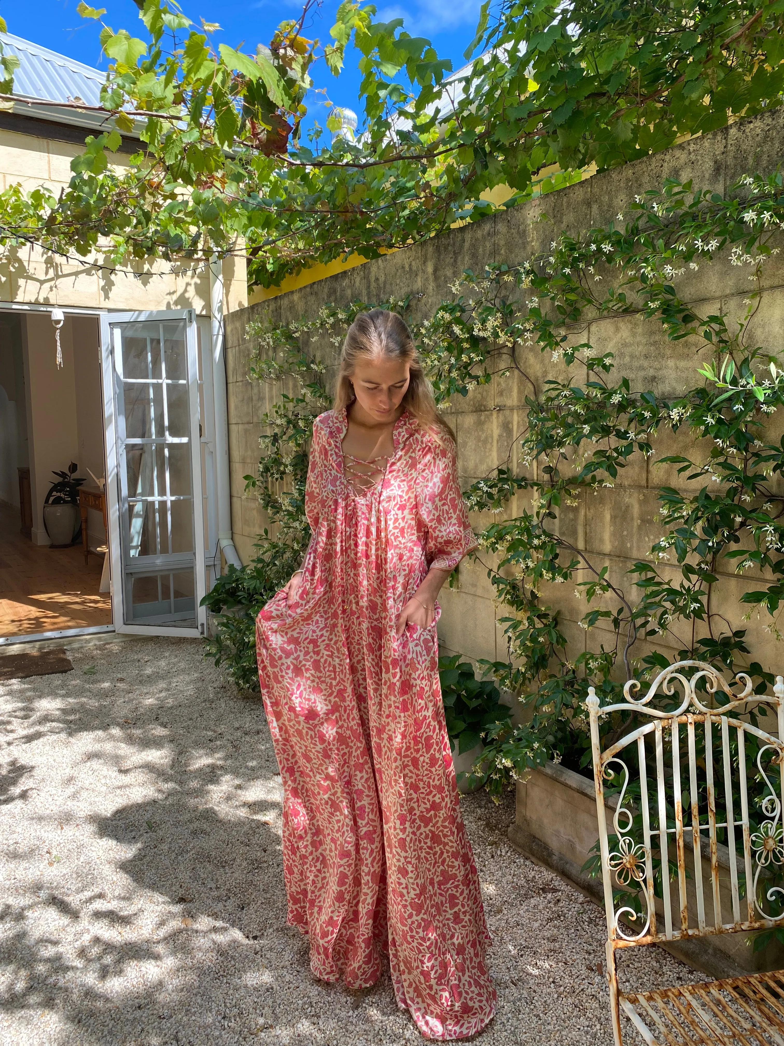 Azrou Silk Dress - Pink- short sleeve.