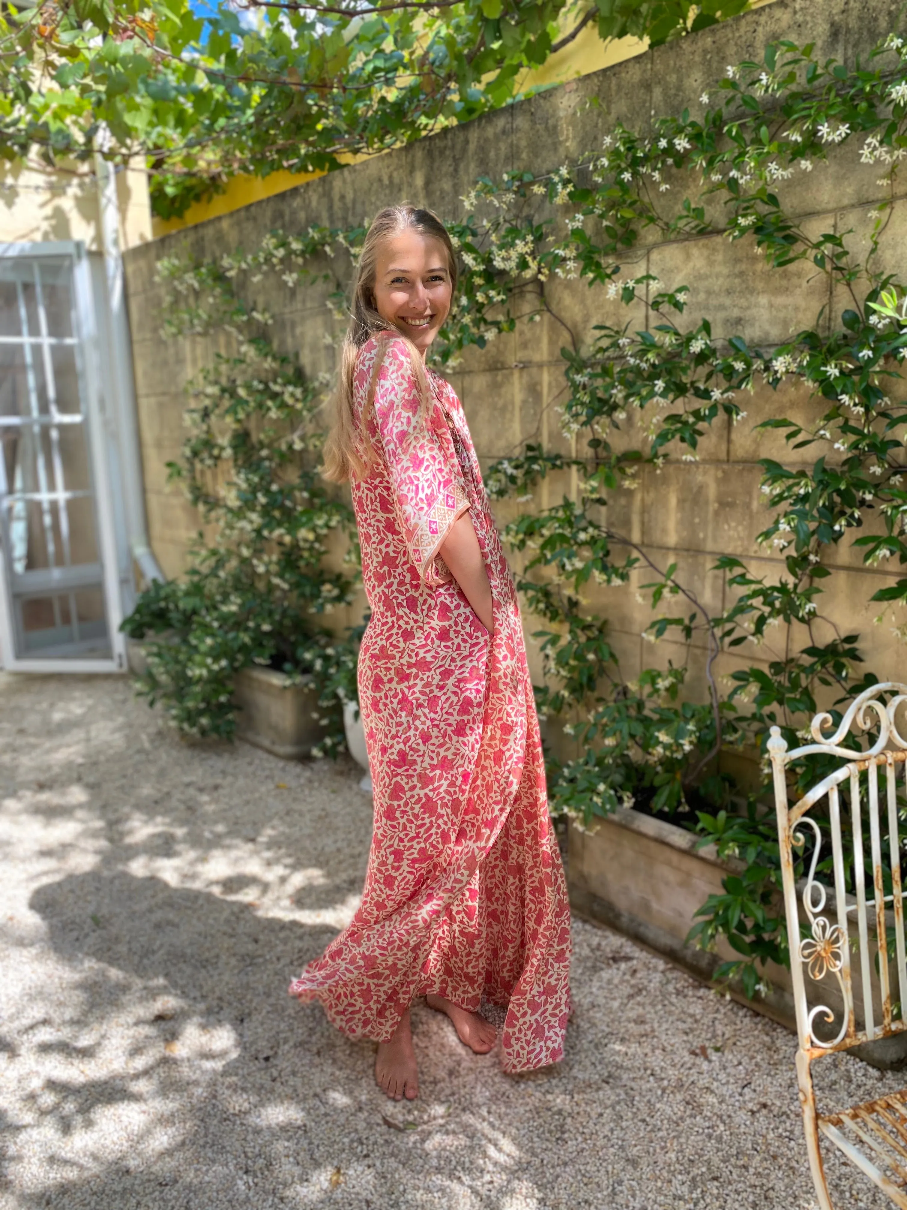 Azrou Silk Dress - Pink- short sleeve.