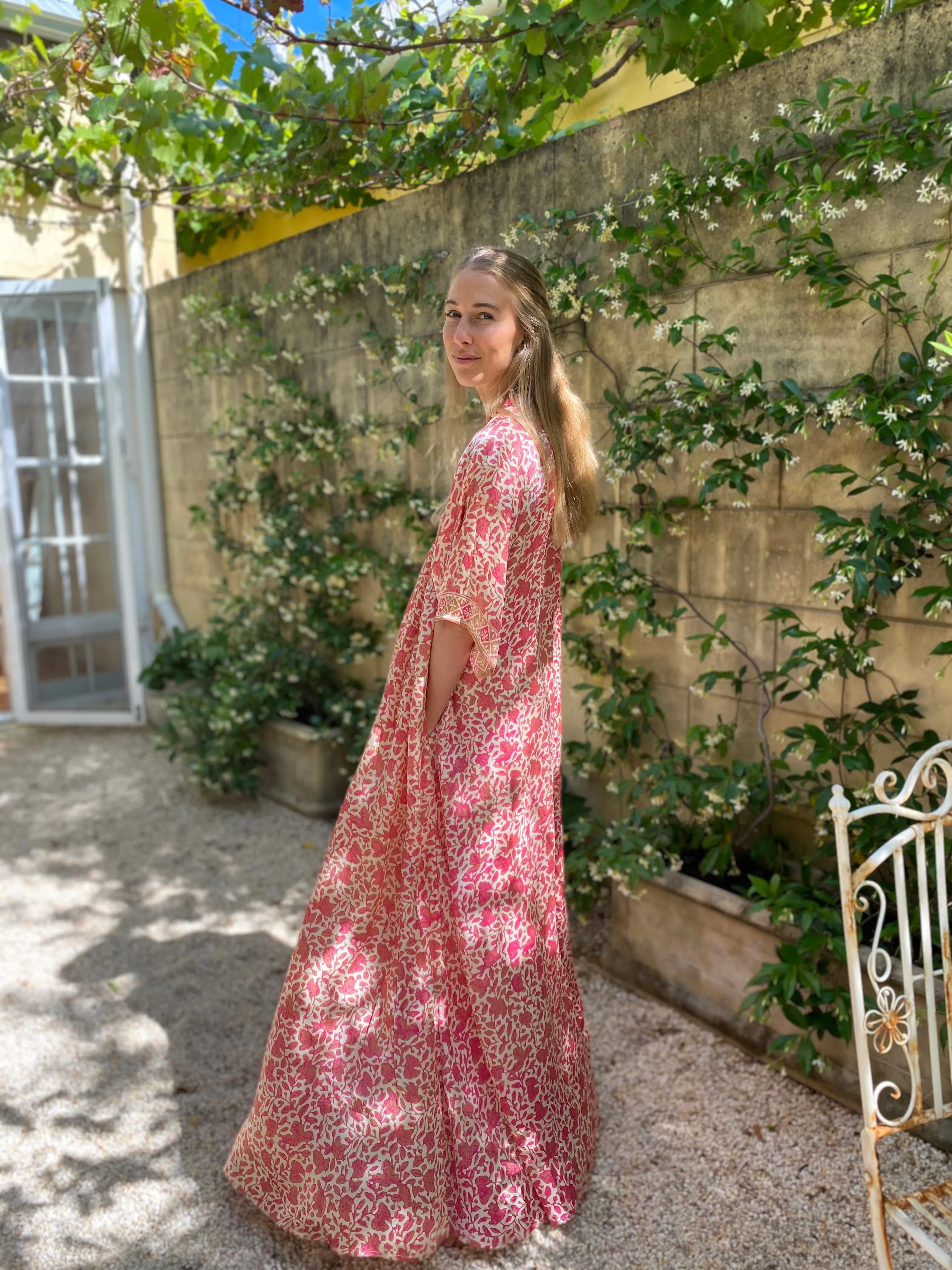 Azrou Silk Dress - Pink- short sleeve.
