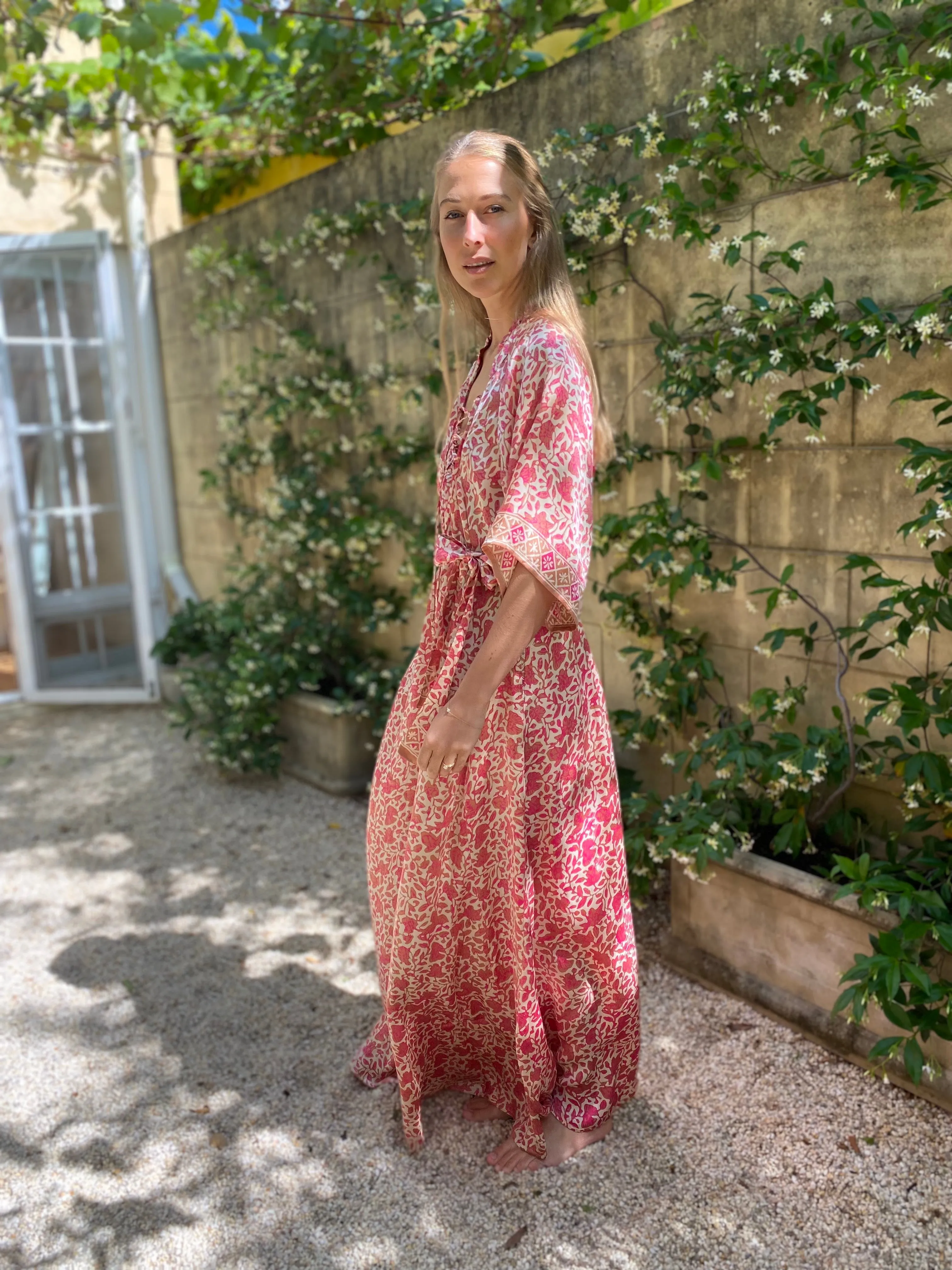 Azrou Silk Dress - Pink- short sleeve.