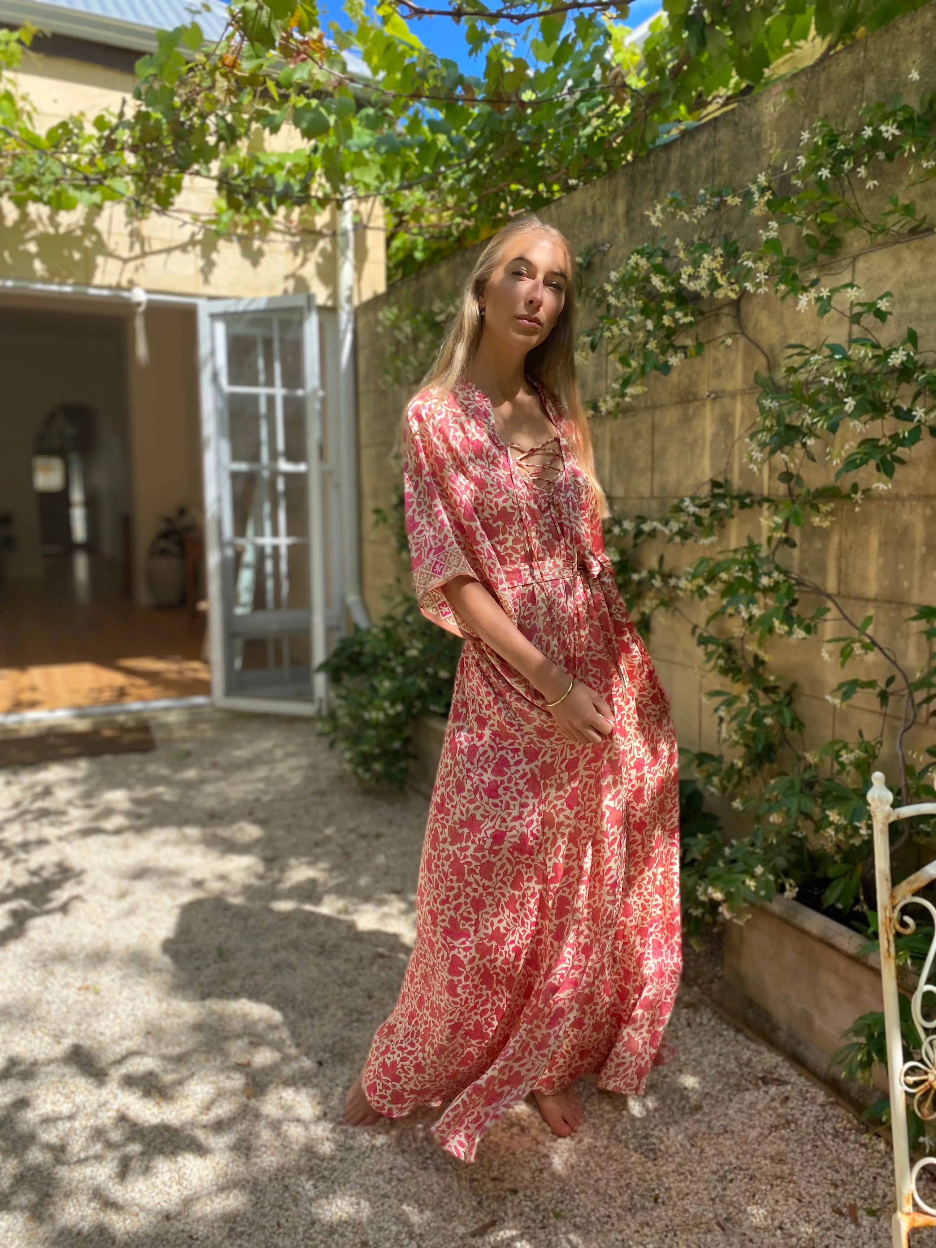 Azrou Silk Dress - Pink- short sleeve.