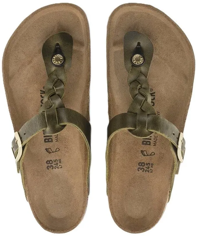 Birkenstock Gizeh Braided Sandals - Green Olive Oiled Leather | Comfortable Cork Footbed