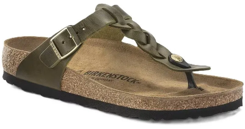 Birkenstock Gizeh Braided Sandals - Green Olive Oiled Leather | Comfortable Cork Footbed