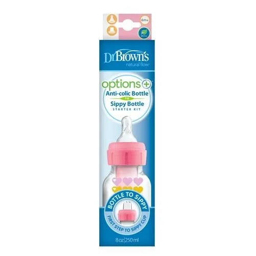 Dr Brown's “Options” 8Oz/250ML PP Narrow Neck Transition Bottle W/ Sippy Spout - Pink(2-Pack)