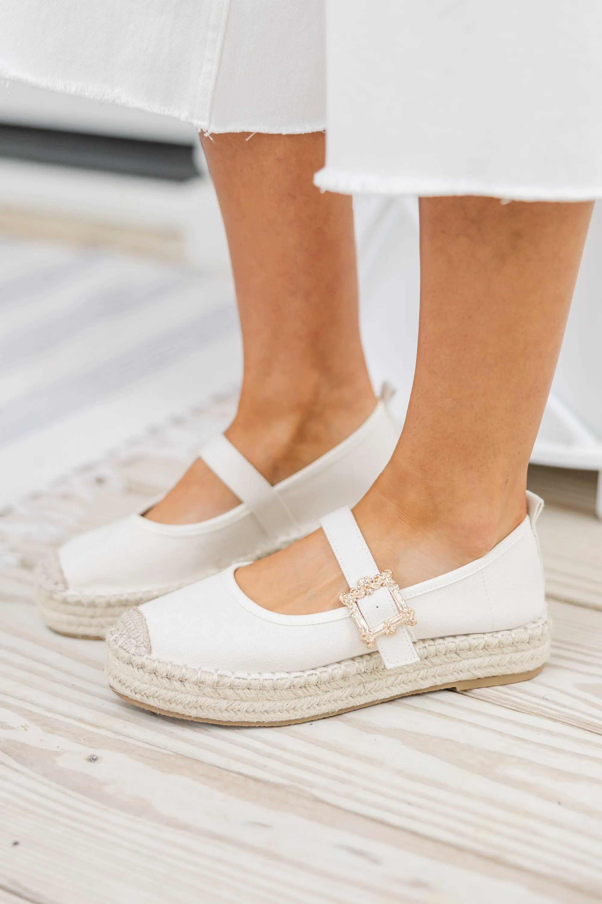 Golden Bloom Beige Buckle Platform Espadrille Flats