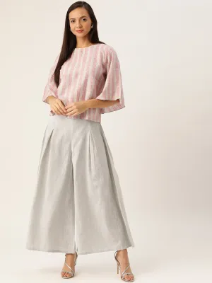 GREY AND PINK HANDLOOM TOP BOTTOM SET
