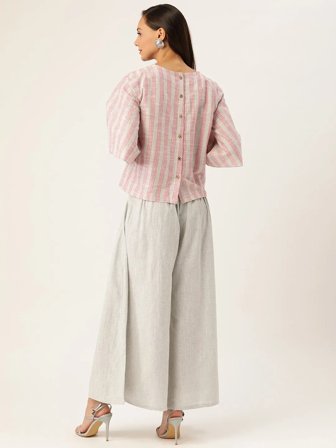 GREY AND PINK HANDLOOM TOP BOTTOM SET
