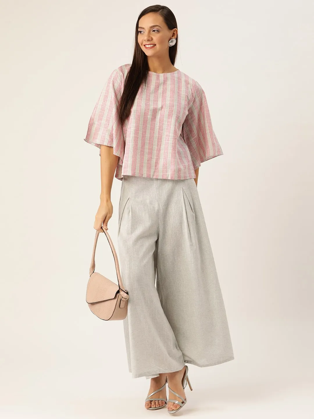 GREY AND PINK HANDLOOM TOP BOTTOM SET
