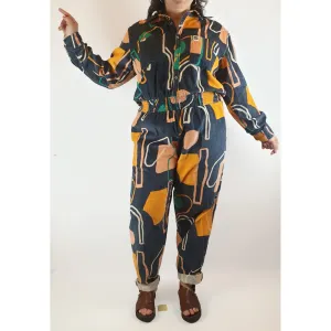 Lucy & Yak pre-owned colourful unique print cord jumpsuit with cute front buttons size L (best fits size 14)