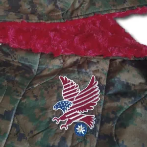 MARPAT Camo Pattern American Flag Eagle WeeWoobie Weighted Blanket with Red Faux Fur