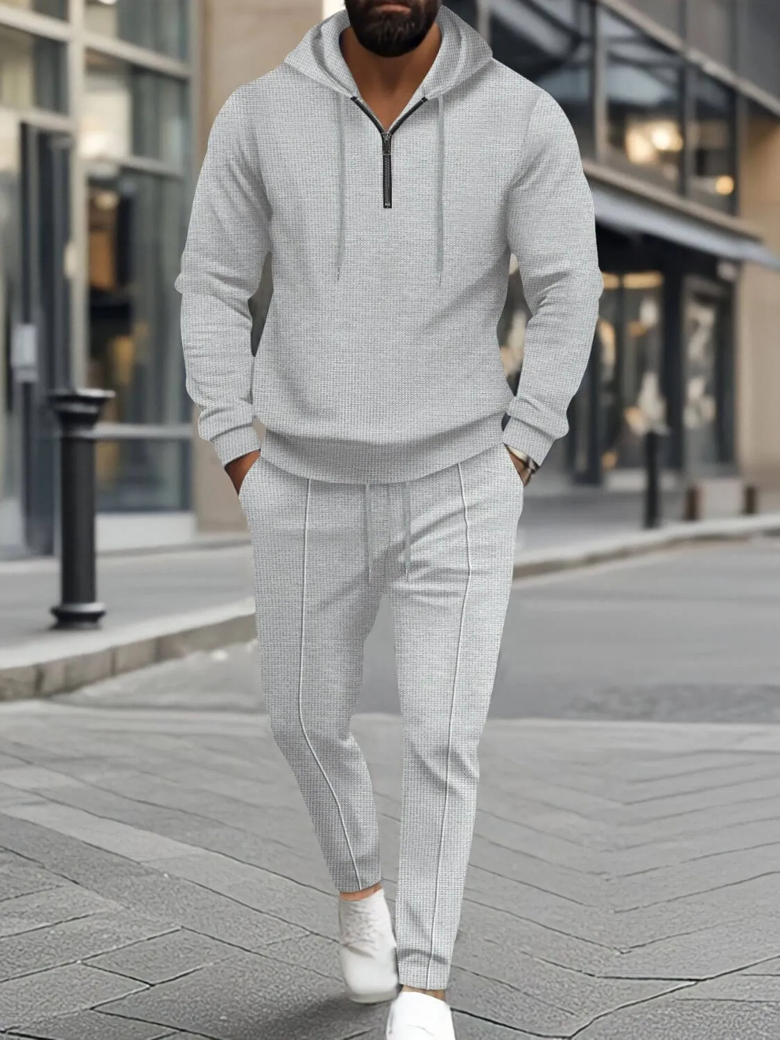Men's Waffle-Knit Half Zipper Hoodie & Pants Set Plus Size