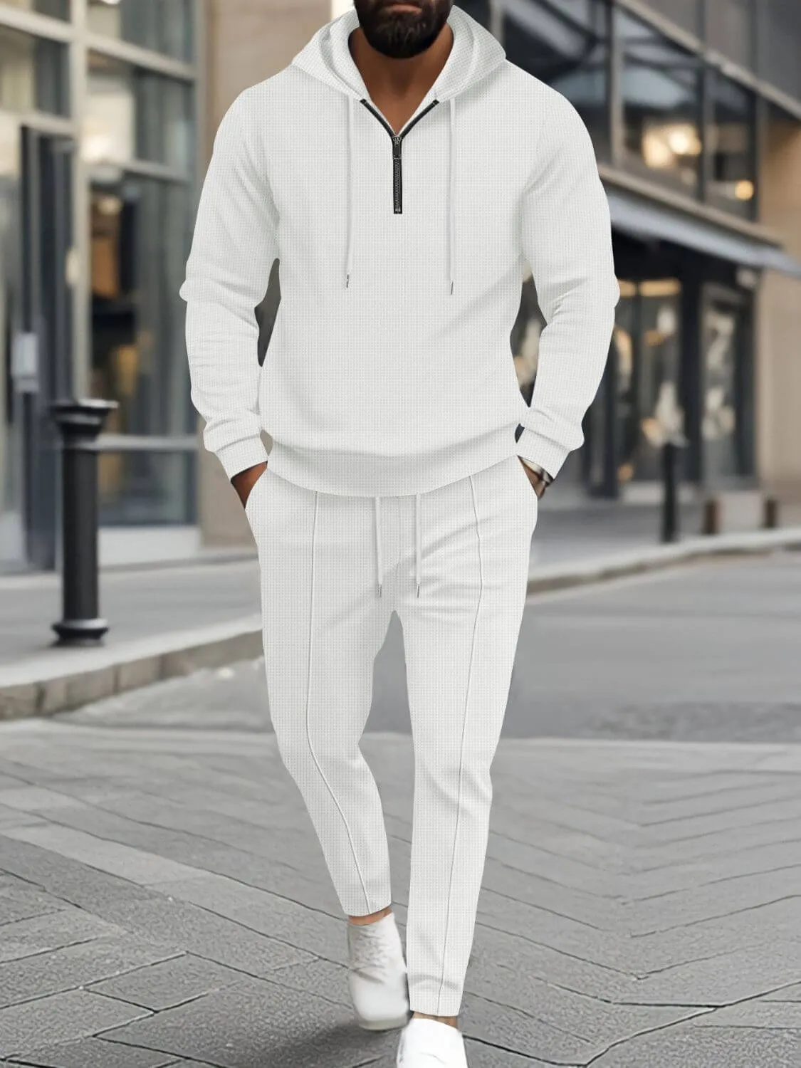 Men's Waffle-Knit Half Zipper Hoodie & Pants Set Plus Size