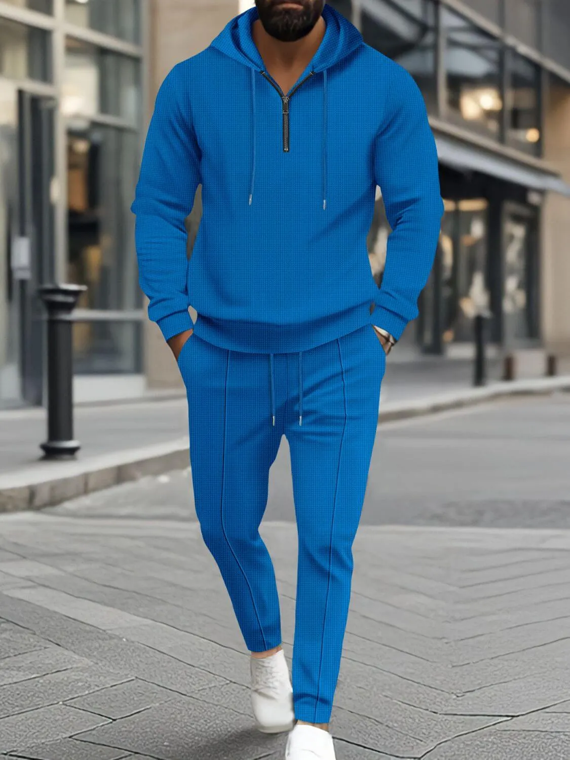 Men's Waffle-Knit Half Zipper Hoodie & Pants Set Plus Size