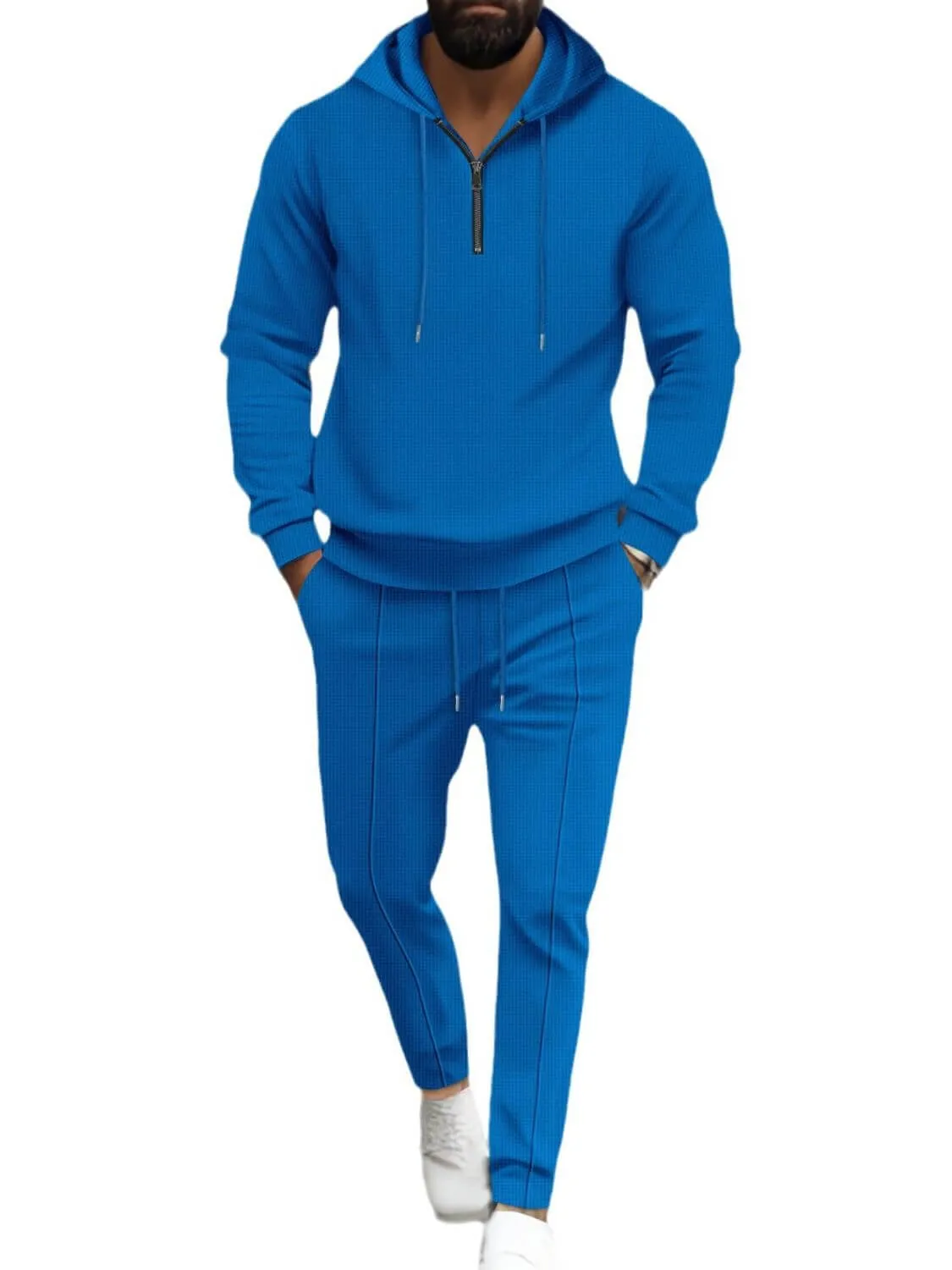 Men's Waffle-Knit Half Zipper Hoodie & Pants Set Plus Size