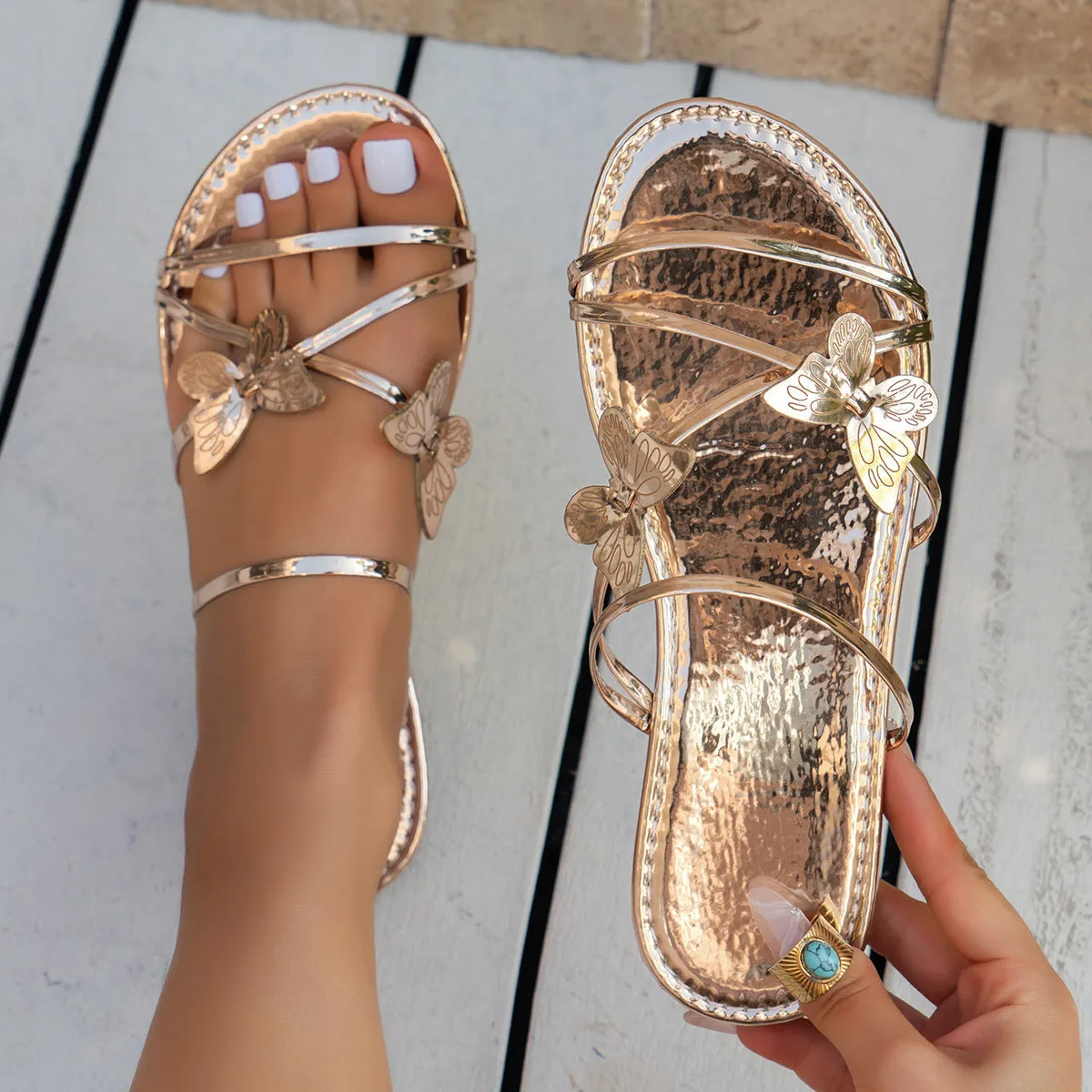 New Fashion Butterfly Cross-strap Sandals, Summer Beach Shoes for Women, Casual Low Heel Flat Slides Slippers