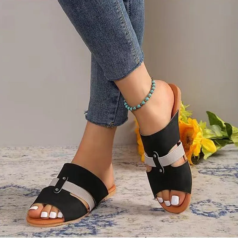 New Fish Mouth Sandals with Belt, Buckle Design Summer Beach Shoes for Women's Fashion, Casual Low Heel Flat Slides Slippers