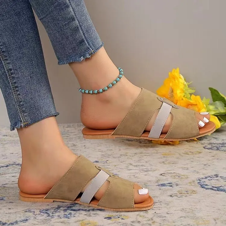 New Fish Mouth Sandals with Belt, Buckle Design Summer Beach Shoes for Women's Fashion, Casual Low Heel Flat Slides Slippers