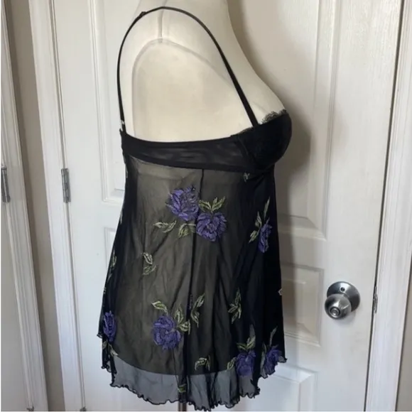 New Victoria’s Secret Babydoll Nighty Black Purple Flowers Sheer Sexy Lingerie
