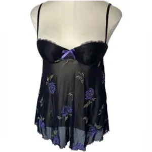 New Victoria’s Secret Babydoll Nighty Black Purple Flowers Sheer Sexy Lingerie