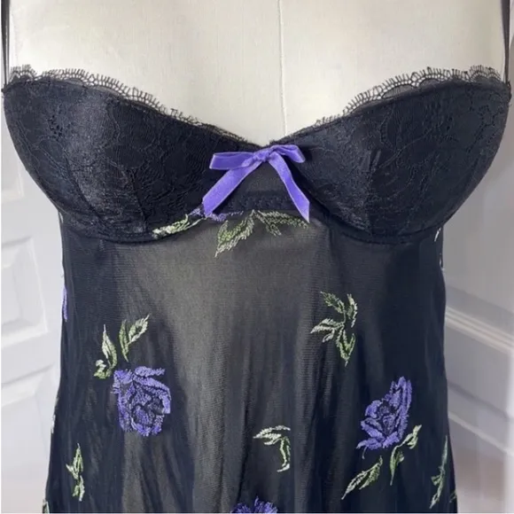 New Victoria’s Secret Babydoll Nighty Black Purple Flowers Sheer Sexy Lingerie