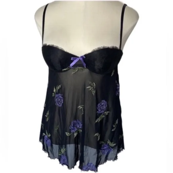 New Victoria’s Secret Babydoll Nighty Black Purple Flowers Sheer Sexy Lingerie