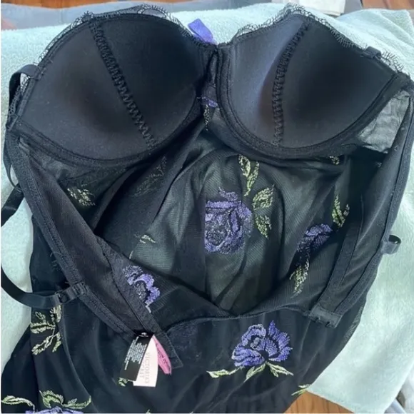 New Victoria’s Secret Babydoll Nighty Black Purple Flowers Sheer Sexy Lingerie