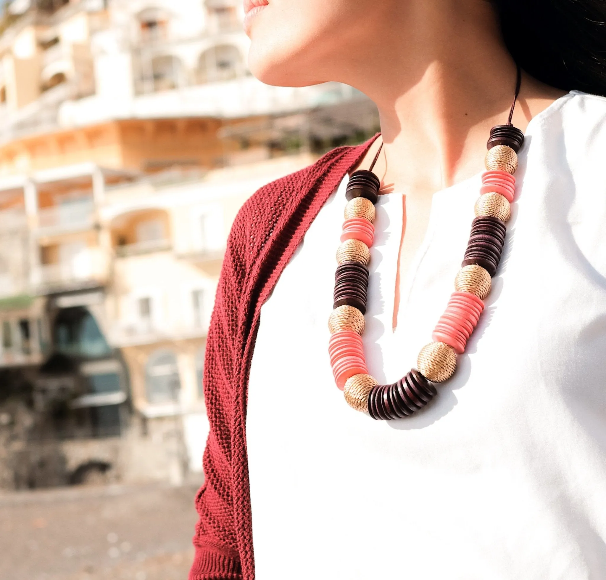 Paparazzi Wooden Necklace - Pastilla Coral and Burgundy
