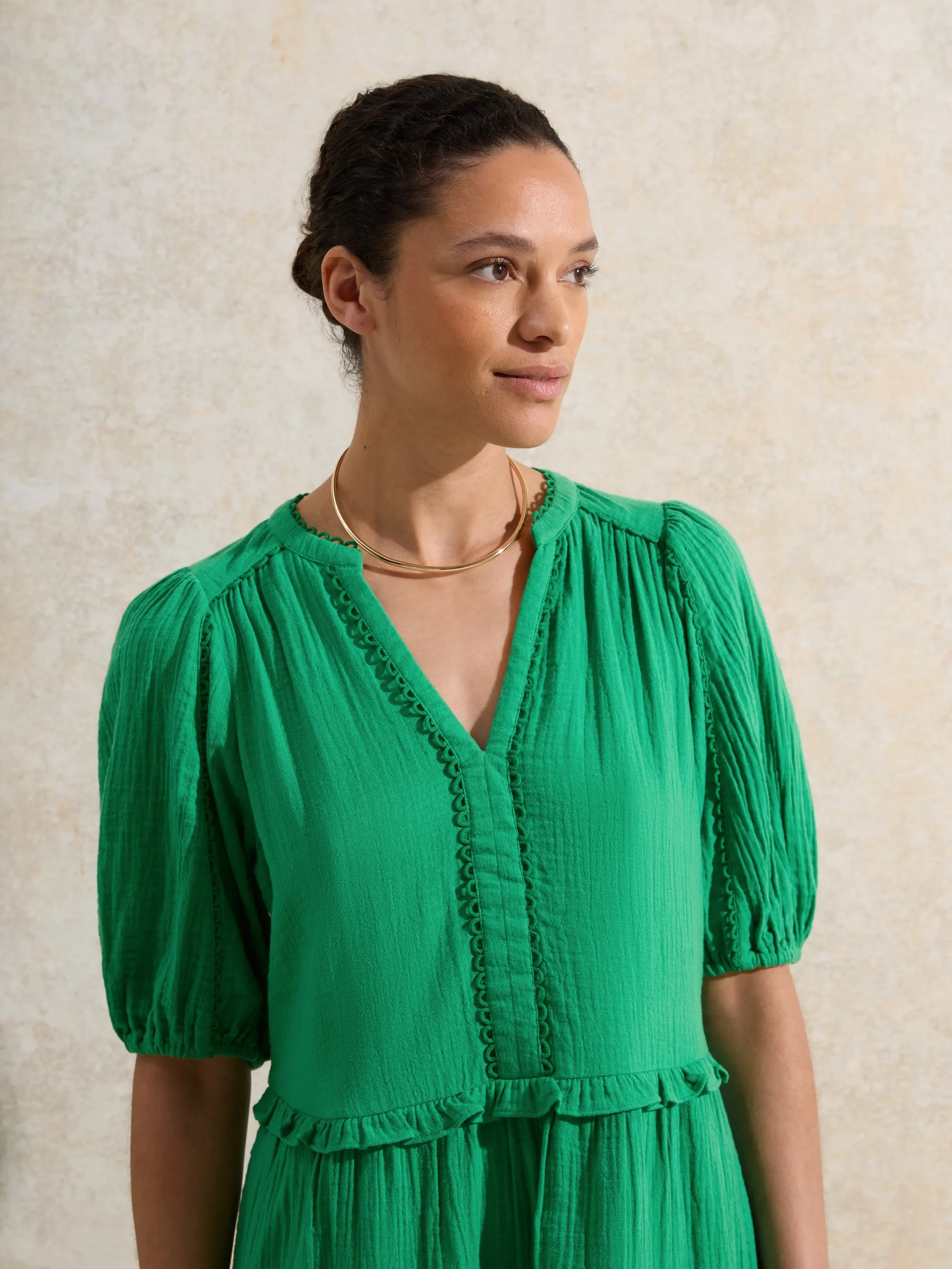 Petite Green Frill-Detail Cheesecloth Mini Dress