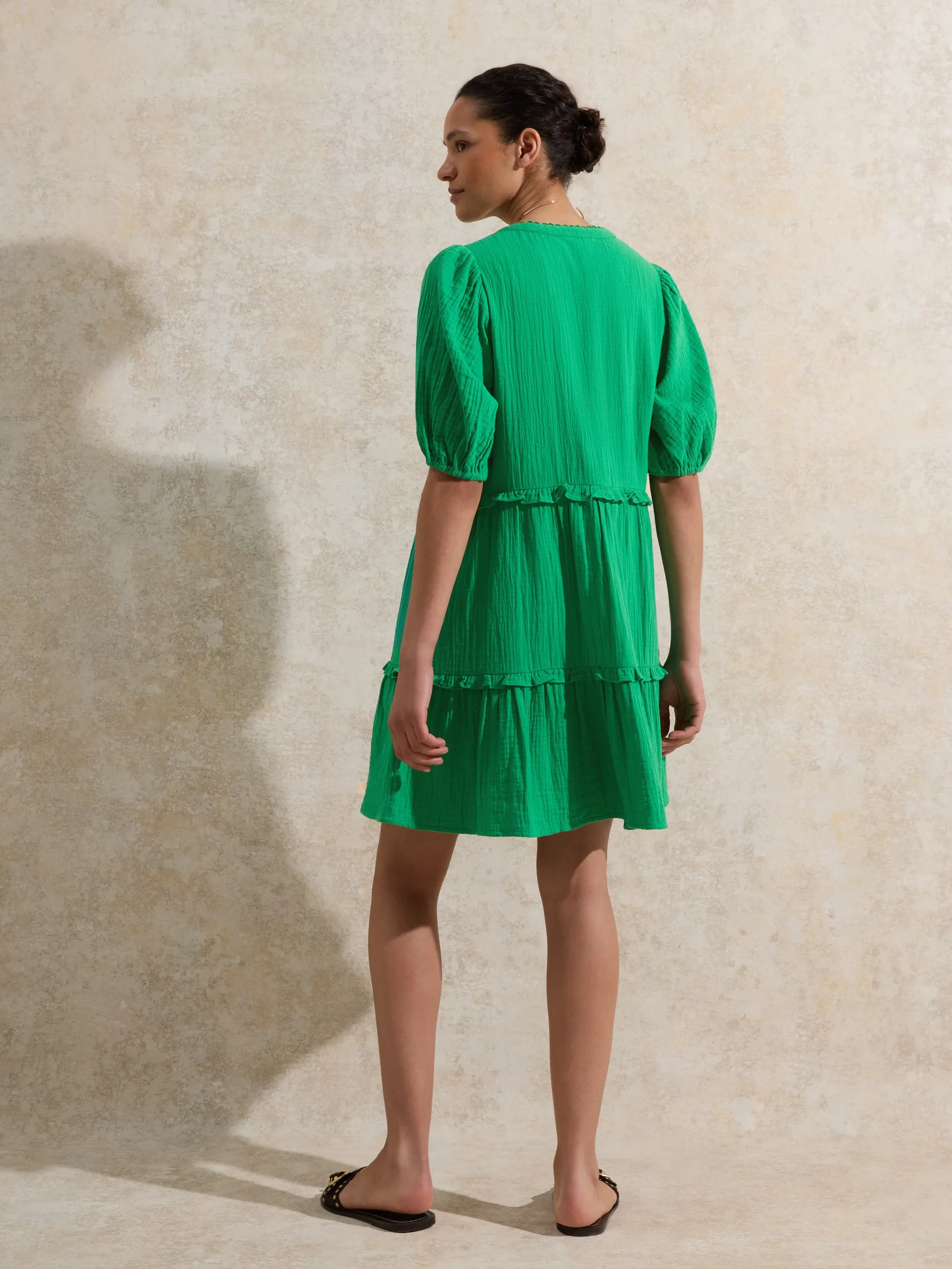 Petite Green Frill-Detail Cheesecloth Mini Dress