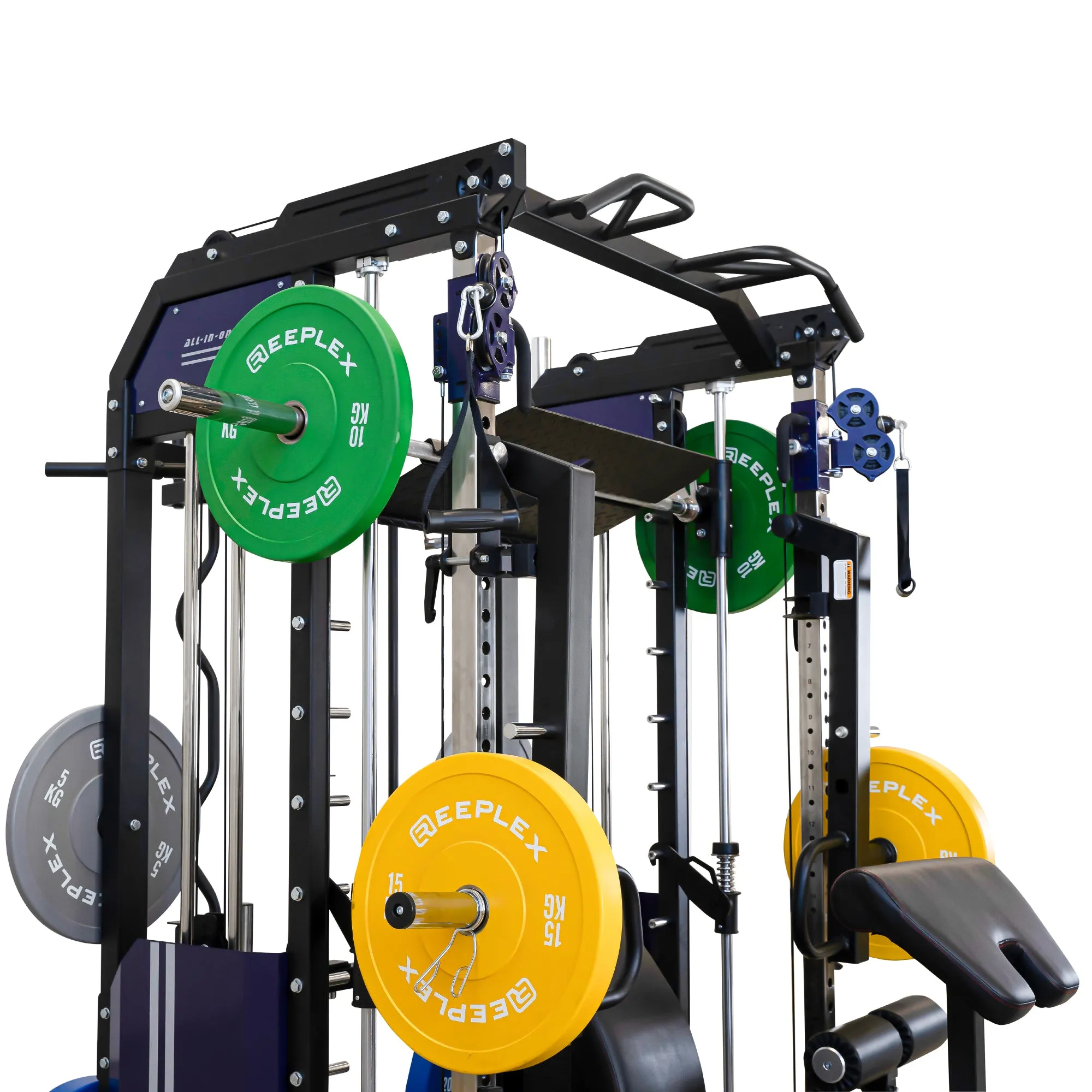 Reeplex CX3 Multi Gym   Adjustable Bench   100kg Coloured Bumper Plates   Barbell   Leg Press   Jammer Arms