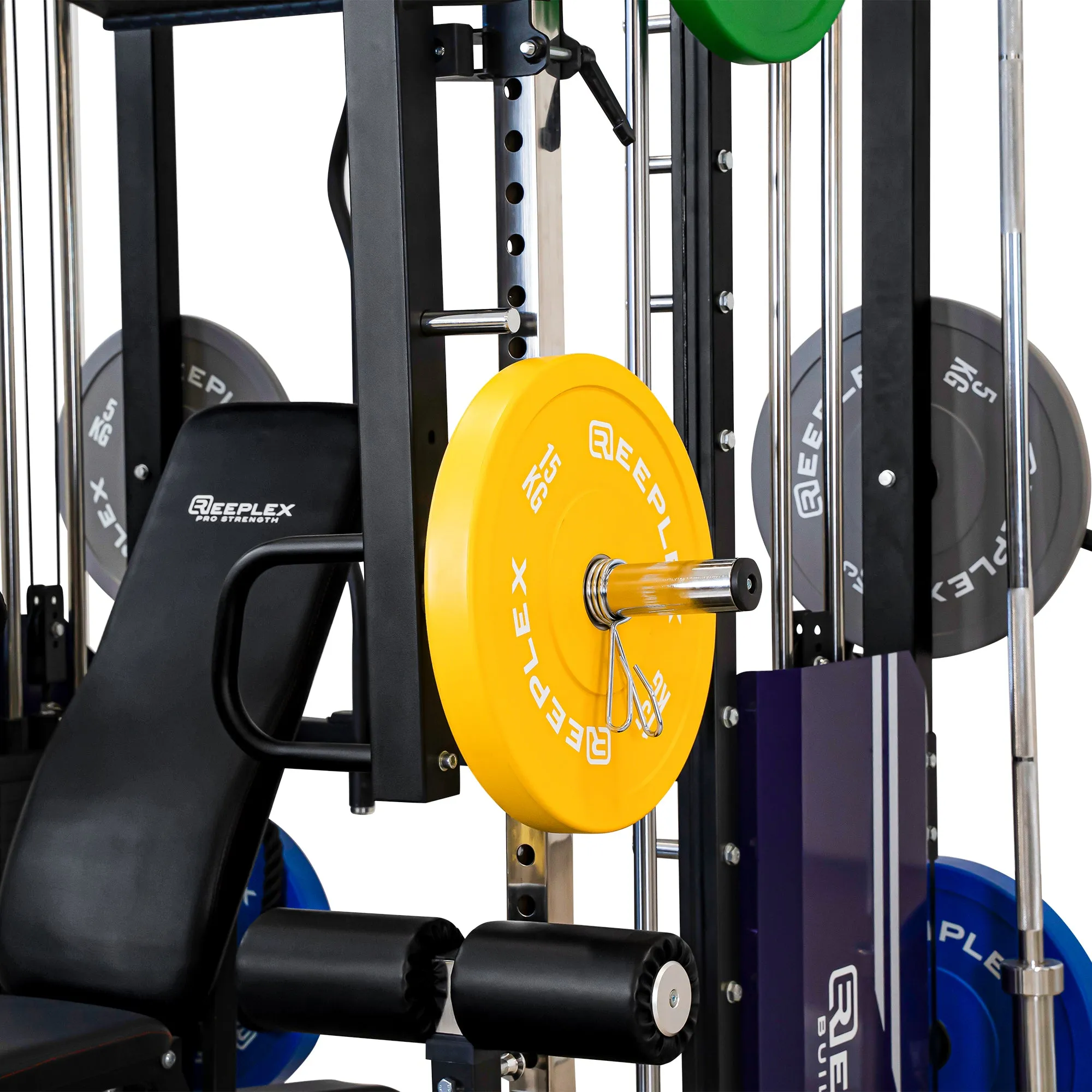 Reeplex CX3 Multi Gym   Adjustable Bench   100kg Coloured Bumper Plates   Barbell   Leg Press   Jammer Arms