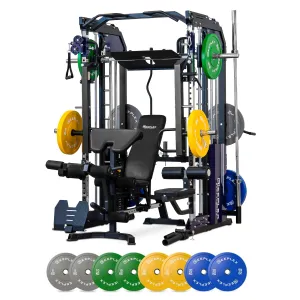 Reeplex CX3 Multi Gym   Adjustable Bench   100kg Coloured Bumper Plates   Barbell   Leg Press   Jammer Arms