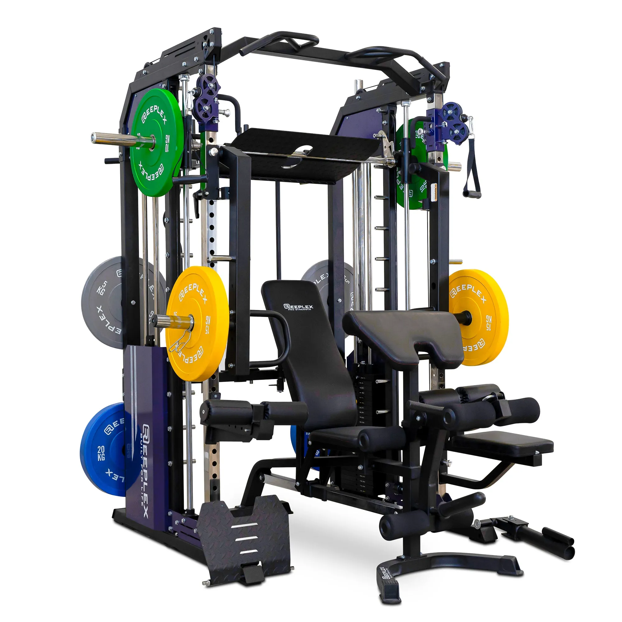 Reeplex CX3 Multi Gym   Adjustable Bench   100kg Coloured Bumper Plates   Barbell   Leg Press   Jammer Arms