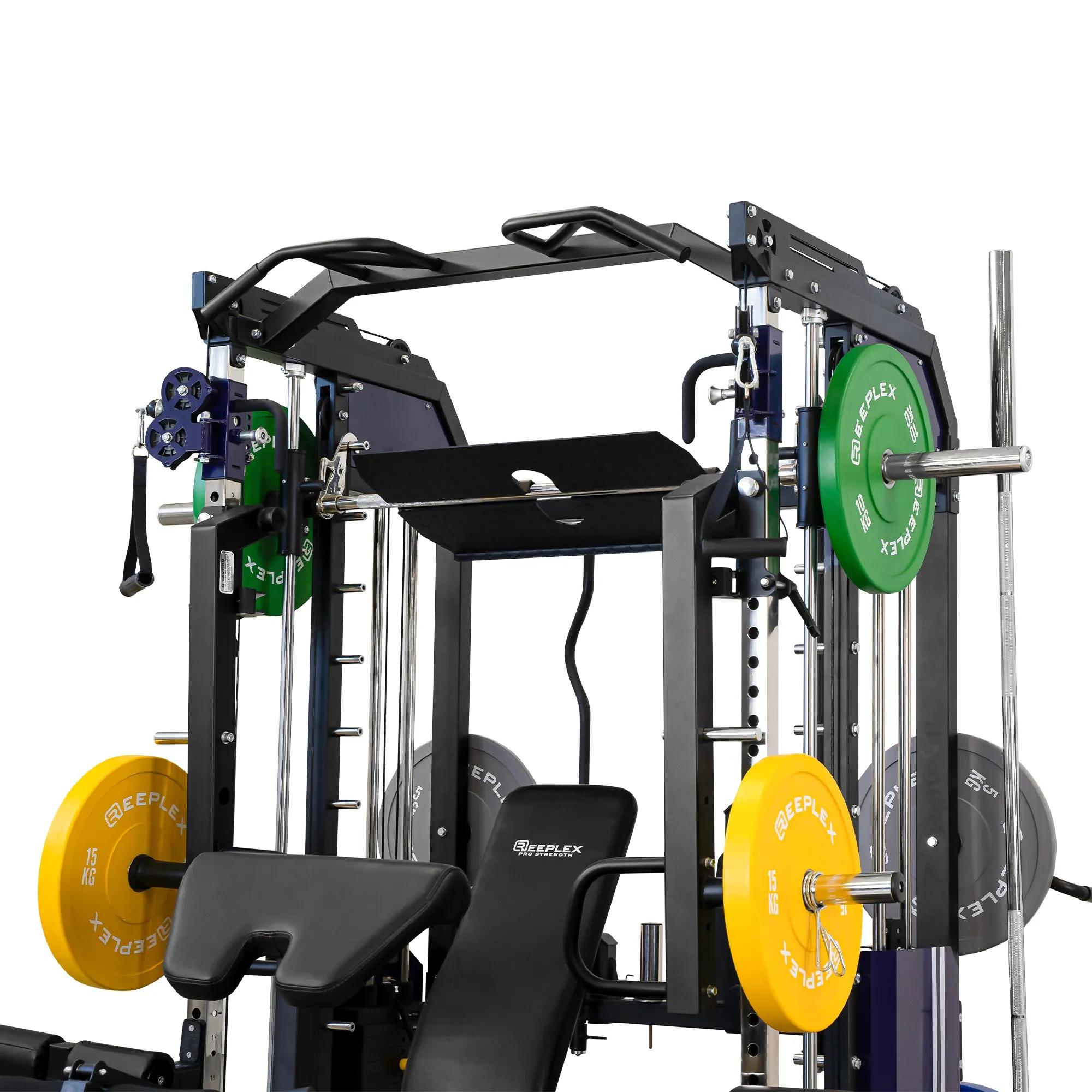 Reeplex CX3 Multi Gym   Adjustable Bench   100kg Coloured Bumper Plates   Barbell   Leg Press   Jammer Arms