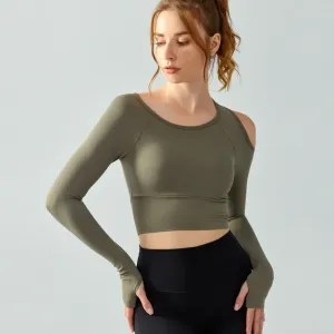 Reina Asymmetrical Long Sleeve Cutout Stretch Crop Top