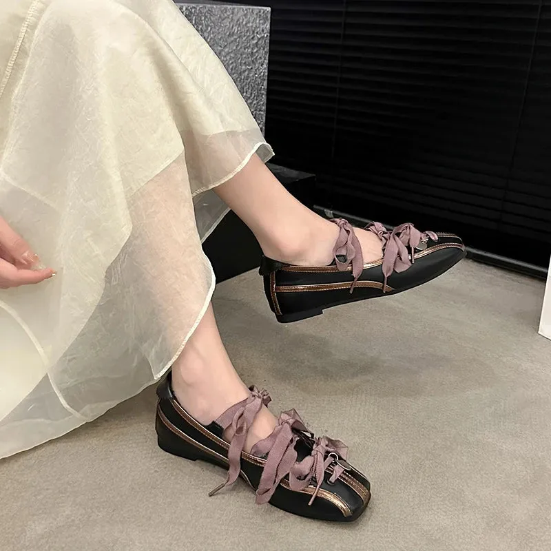 Spring New Color Matching Mary Jane Shoes Small Square Bow Flat Shoes Lazy Slip-on Single Shoes