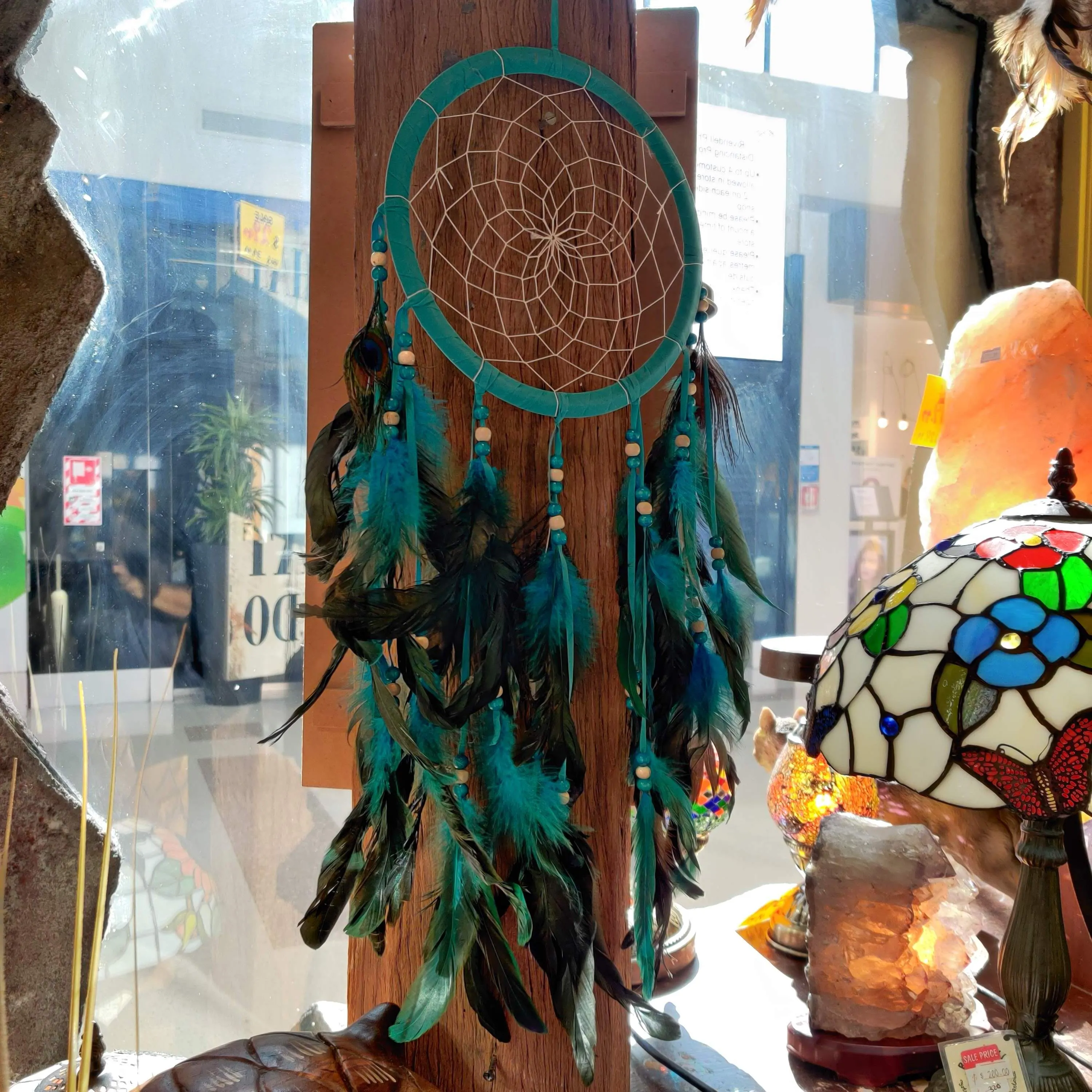 Teal Peacock Feather Black Thread Dreamcatcher - "Zonta"