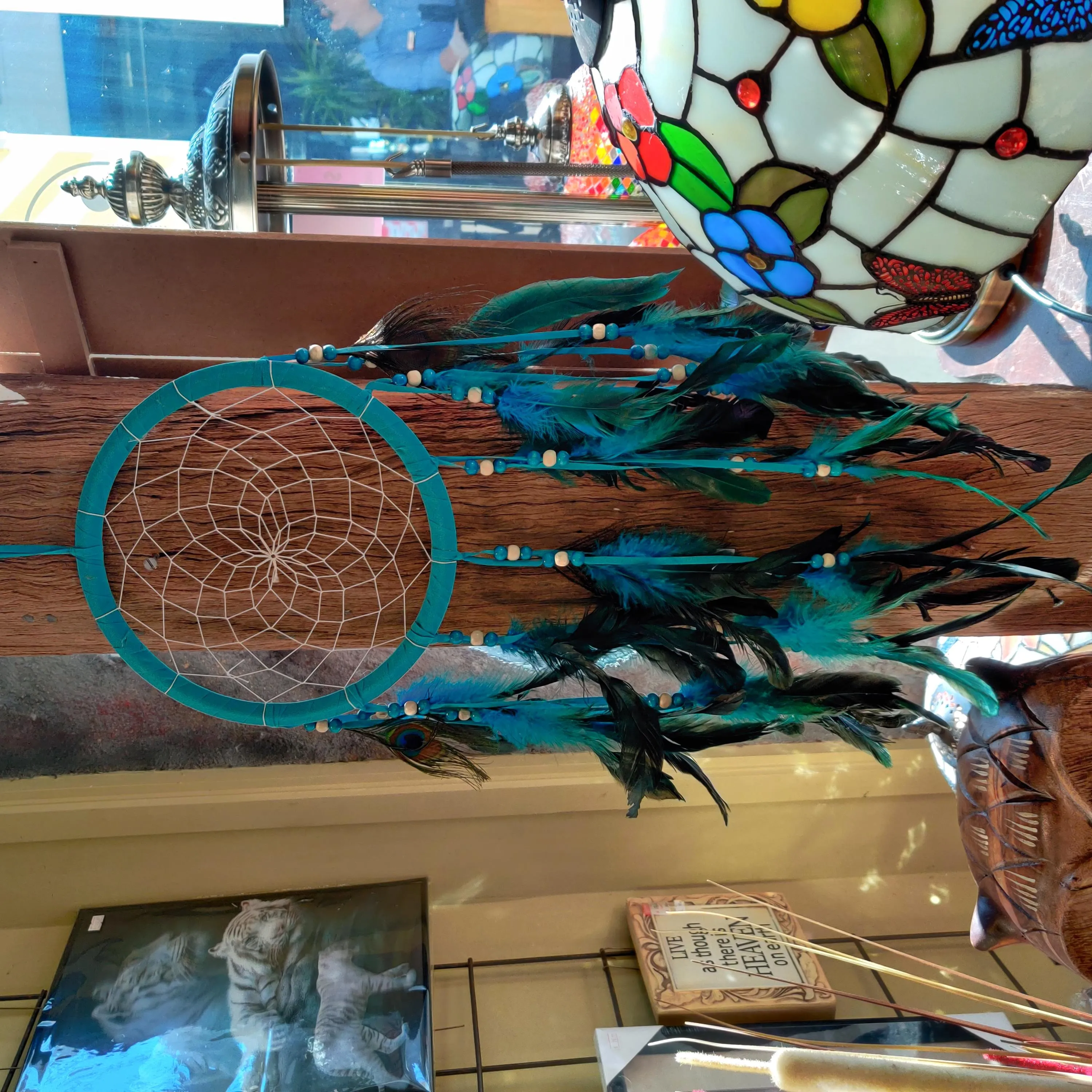 Teal Peacock Feather Black Thread Dreamcatcher - "Zonta"