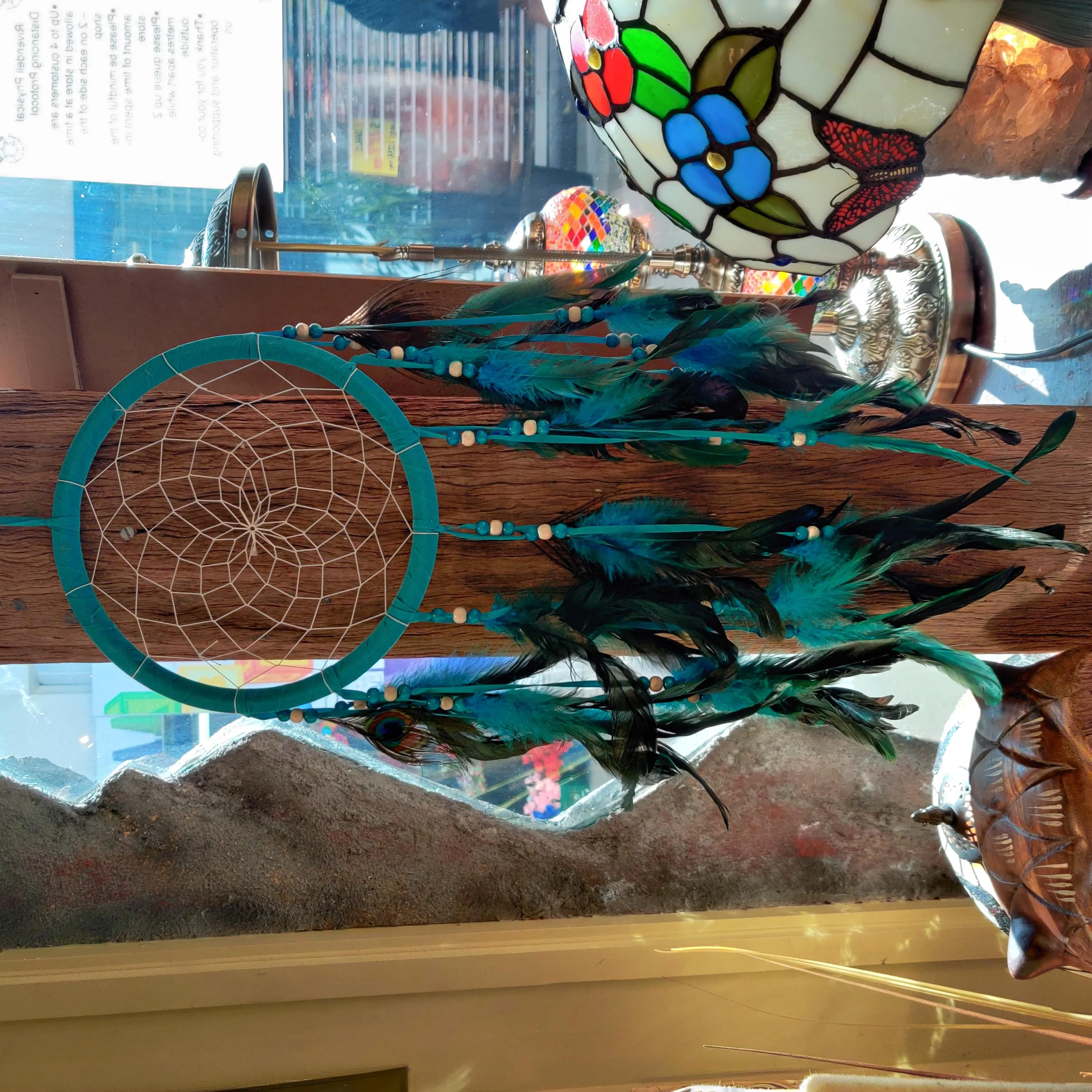 Teal Peacock Feather Black Thread Dreamcatcher - "Zonta"