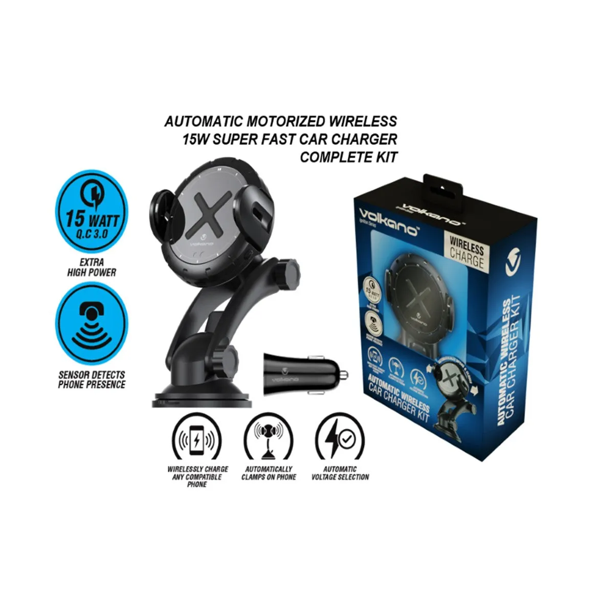 Volkano Ignition Series Automatic Motorized Wireless 15W Super Fast Car Charger Complete Kit