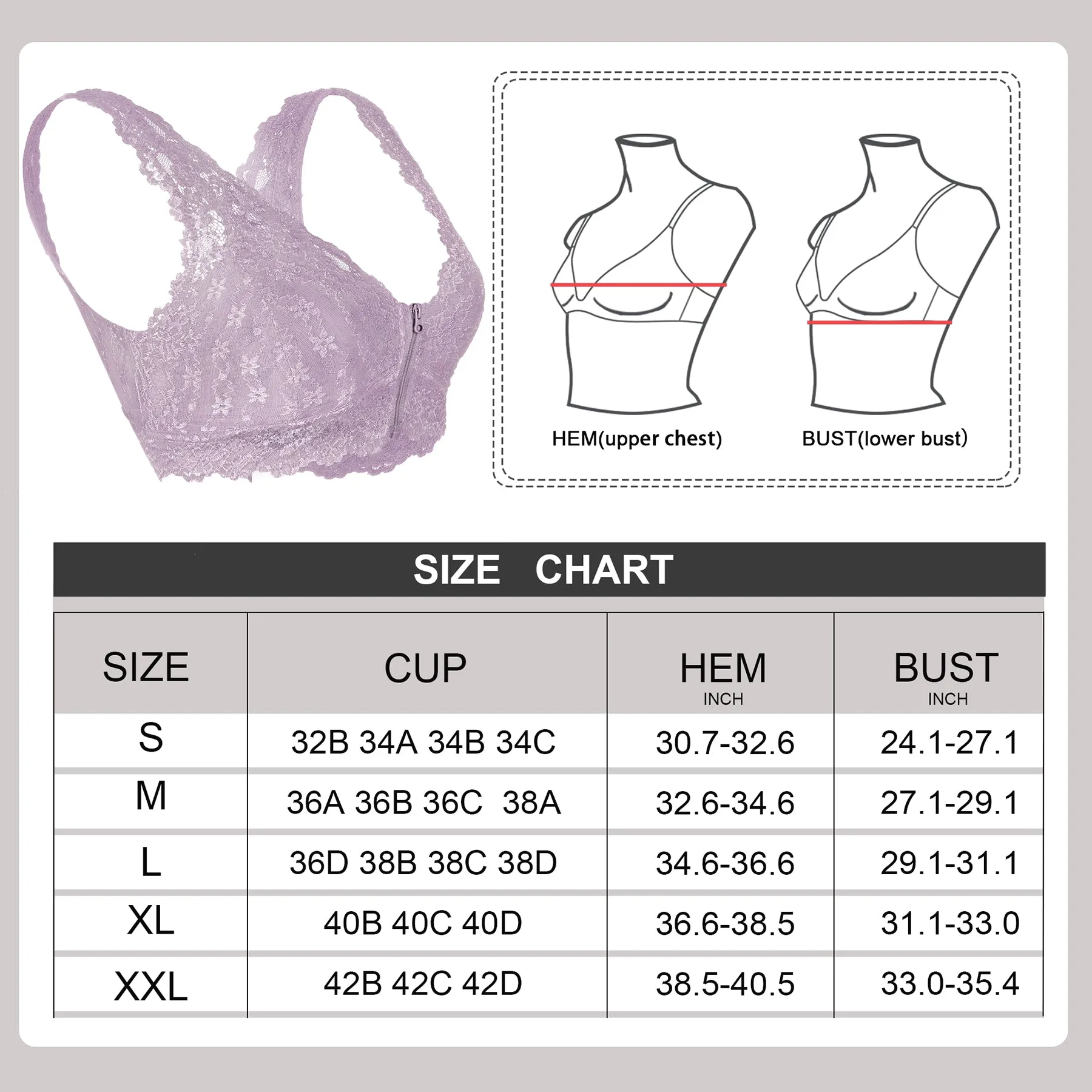 women Floral lace bralette for with zipper & removable padded