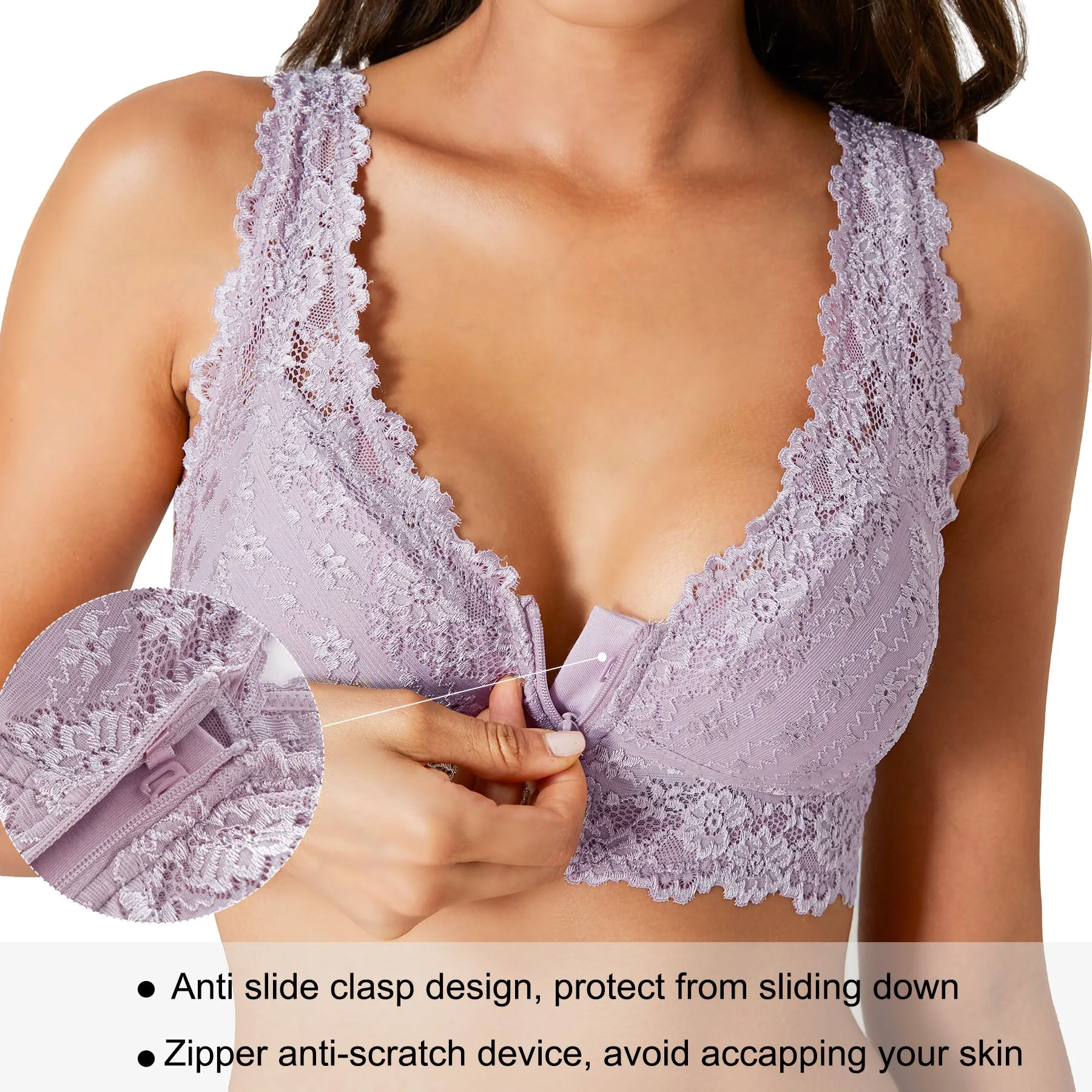 women Floral lace bralette for with zipper & removable padded