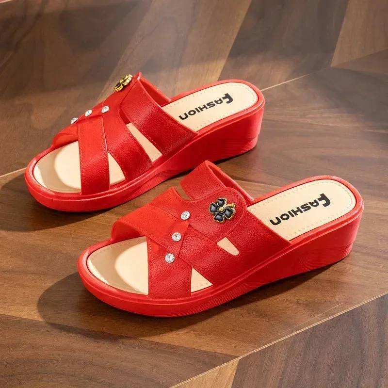 Women Shoes Summer Slippers Women Wear Outside Thick Sole Wedge Heels Fashion Slippers Soft Bottom Mother Shoes Zapatos De Mujer