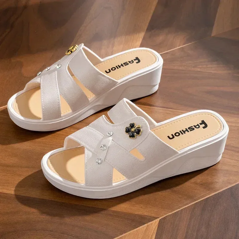 Women Shoes Summer Slippers Women Wear Outside Thick Sole Wedge Heels Fashion Slippers Soft Bottom Mother Shoes Zapatos De Mujer