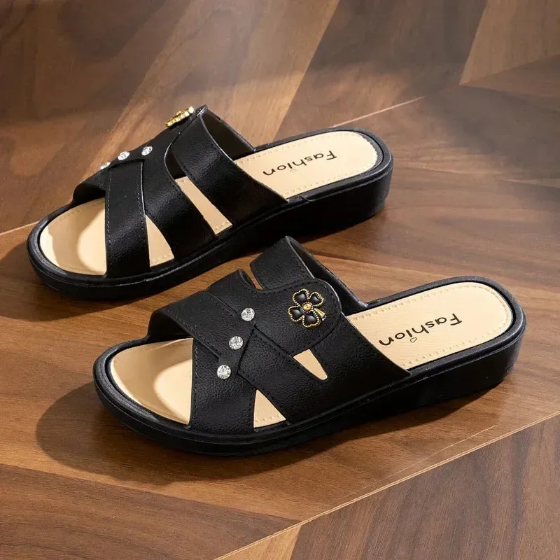 Women Shoes Summer Slippers Women Wear Outside Thick Sole Wedge Heels Fashion Slippers Soft Bottom Mother Shoes Zapatos De Mujer